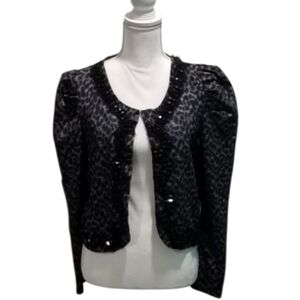 Audrey ann Vintage Y2k animal print  Sequin Beaded Puff Sleeve Cropped cardigan